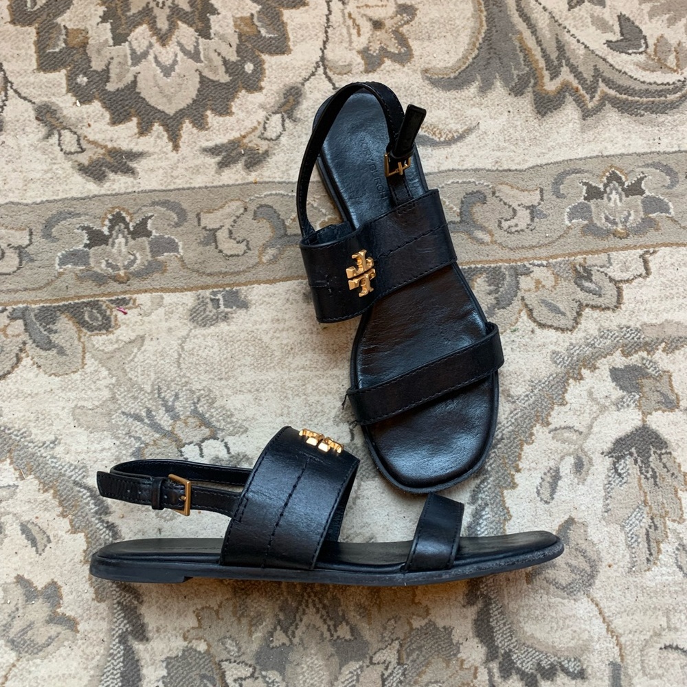 tory burch vanchetta leather mini everly back strap flat sandals black size 7.5